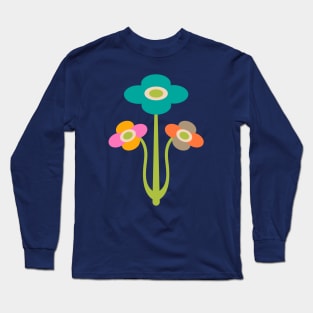 YVETTE Mid-Century Modern Mod Floral Triple Flowers in Bright Multi-Colours - UnBlink Studio by Jackie Tahara Long Sleeve T-Shirt